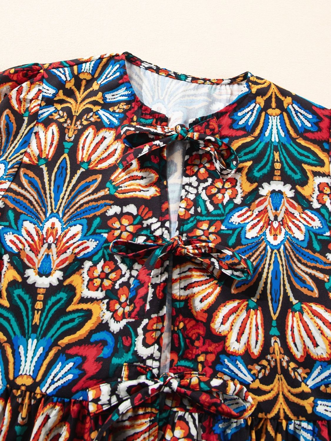 Tropical Print Puff Sleeve Knot Front Blouse - felvior