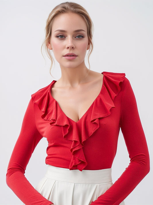 Ruffled V-Neck Long Sleeve T-Shirt - felvior