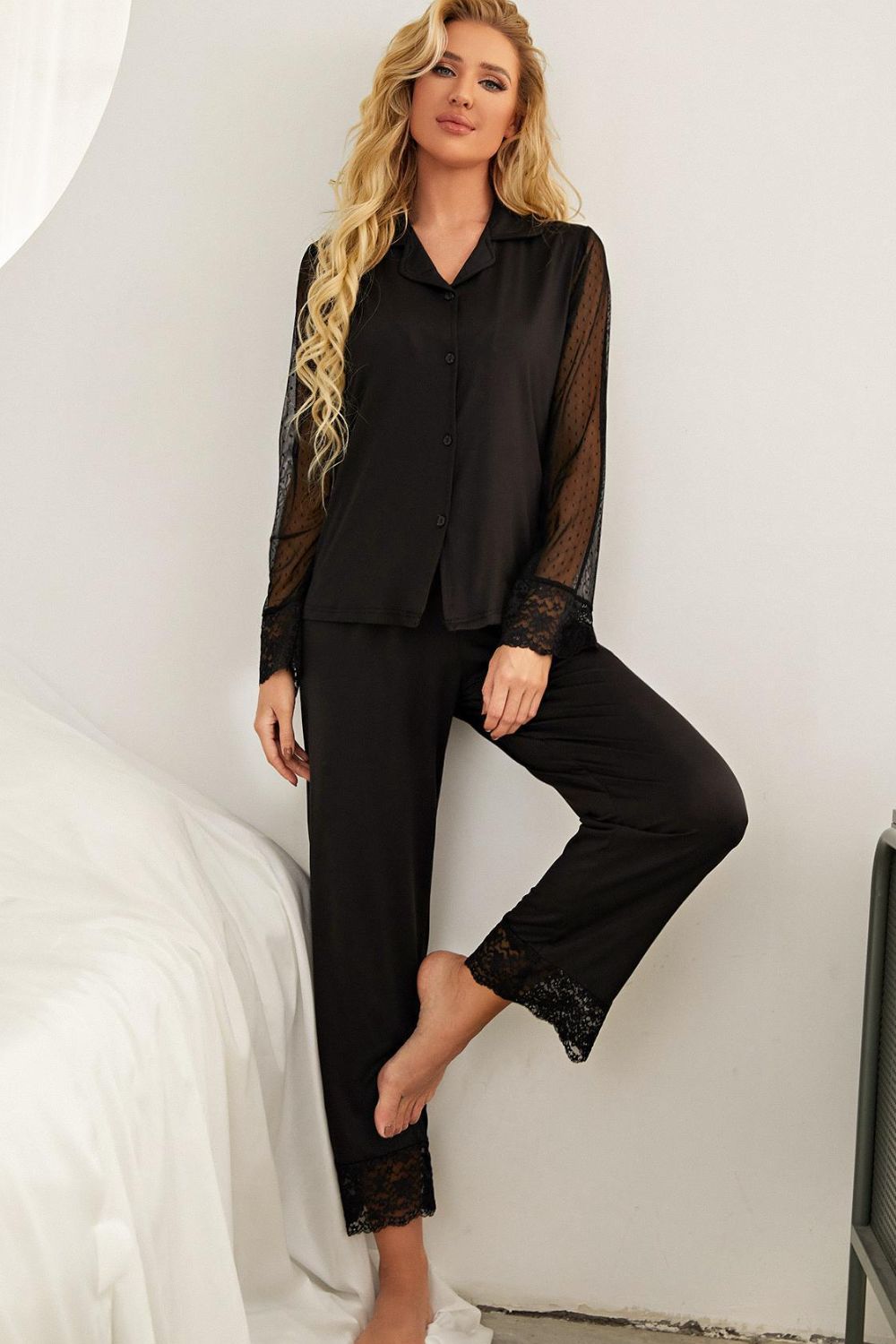 Spliced Lace Lapel Collar Pajama Set Image principale du produit