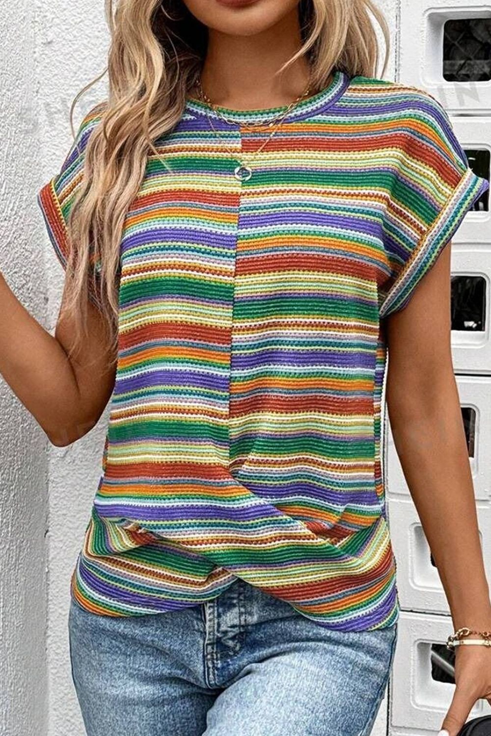 Multicolour Striped Twist Hem Cap Sleeve Top Hauptbild