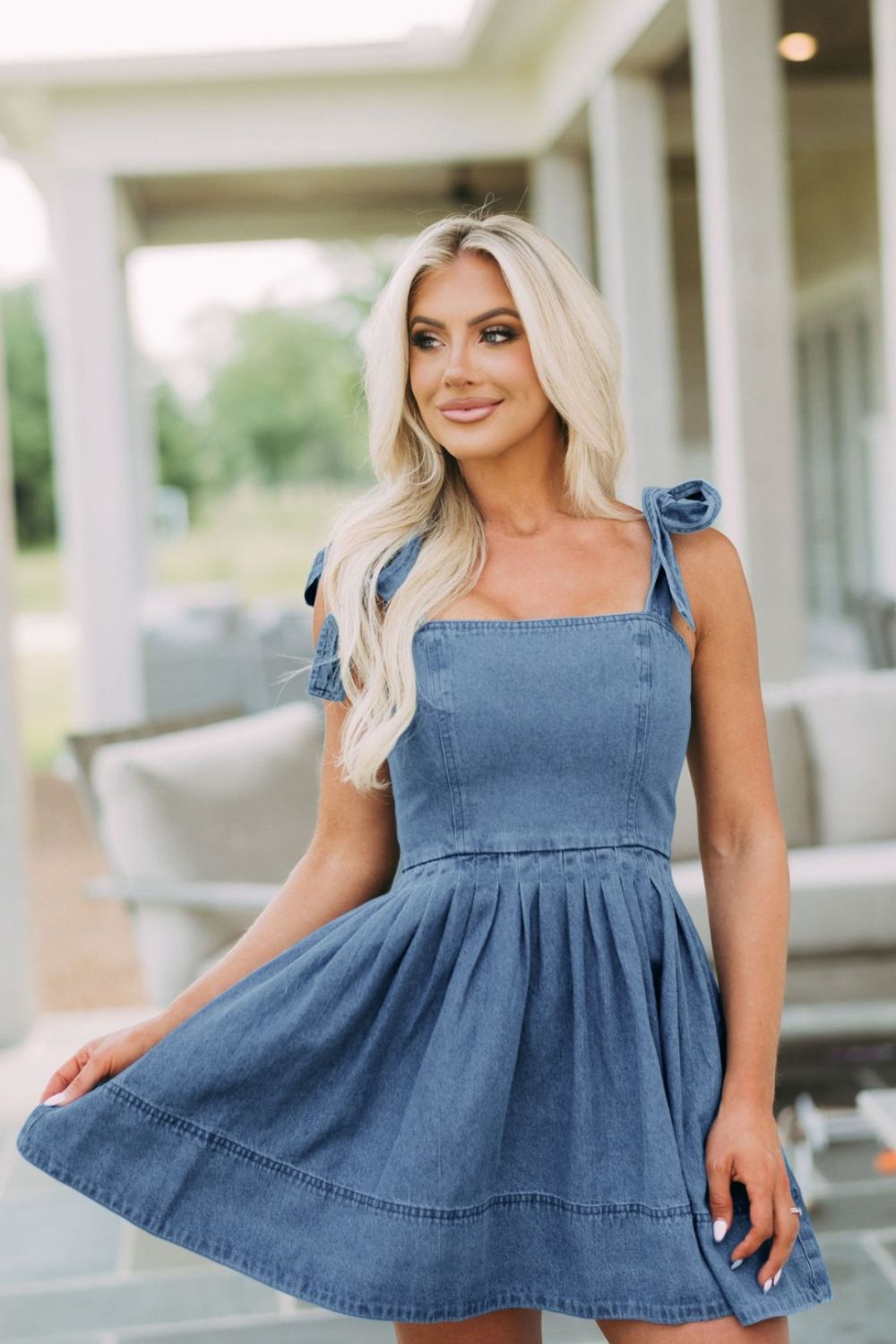 Square Neck Tie Shoulder Denim Dress - felvior