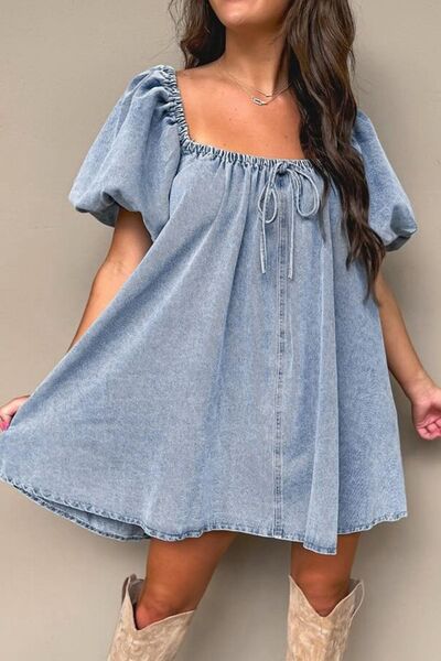 Bubble Sleeve Square Neck Denim Babydoll Dress - felvior