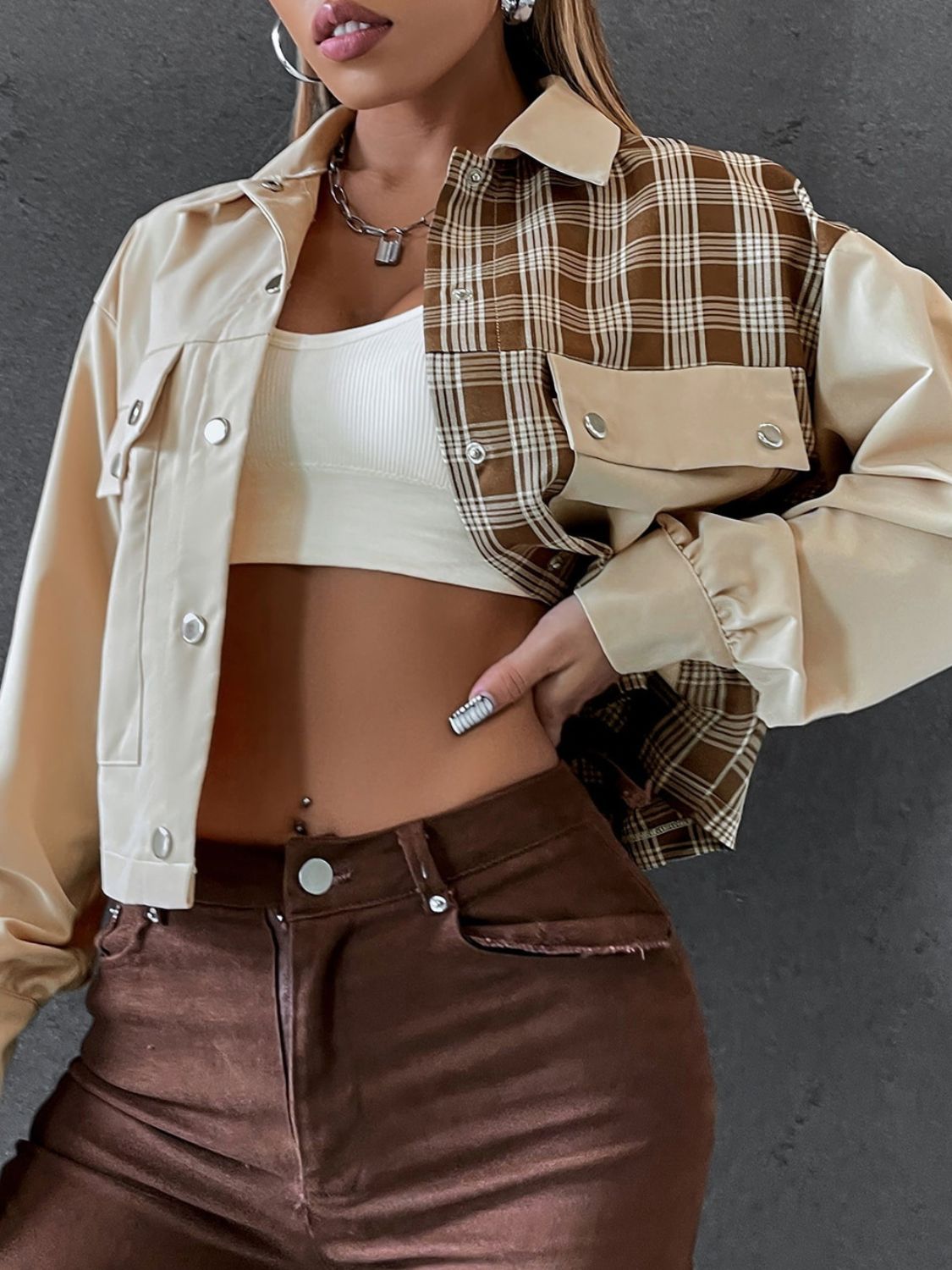 Snap Down Color Block Plaid Jacket - felvior