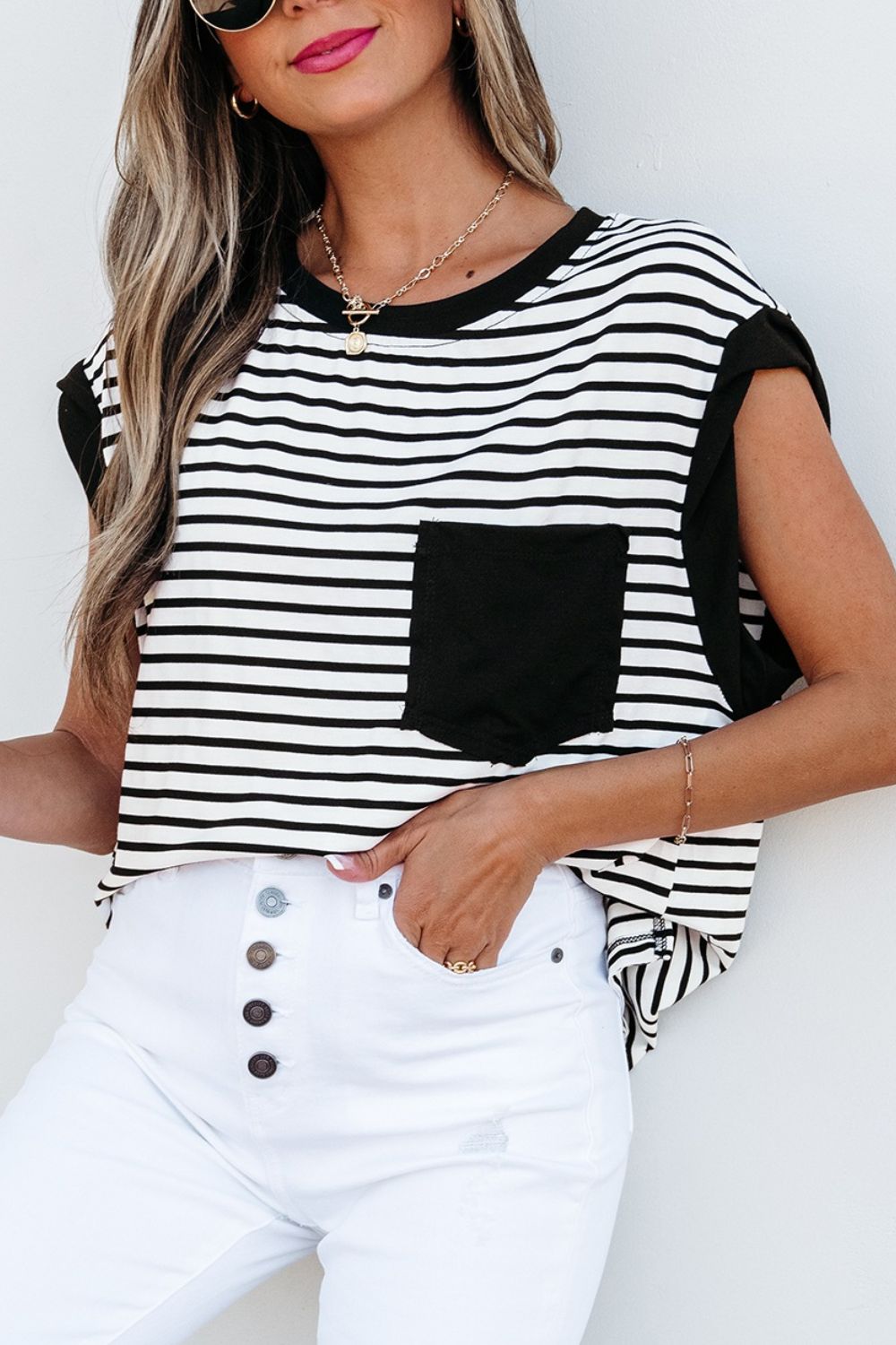 Striped Round Neck Cap Sleeve Top - felvior