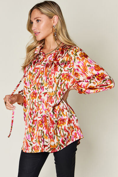 Double Take Full Size Printed Button Up Long Sleeve Shirt - felvior