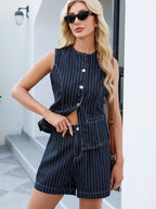 Round Neck Striped Top and Shorts Denim Set