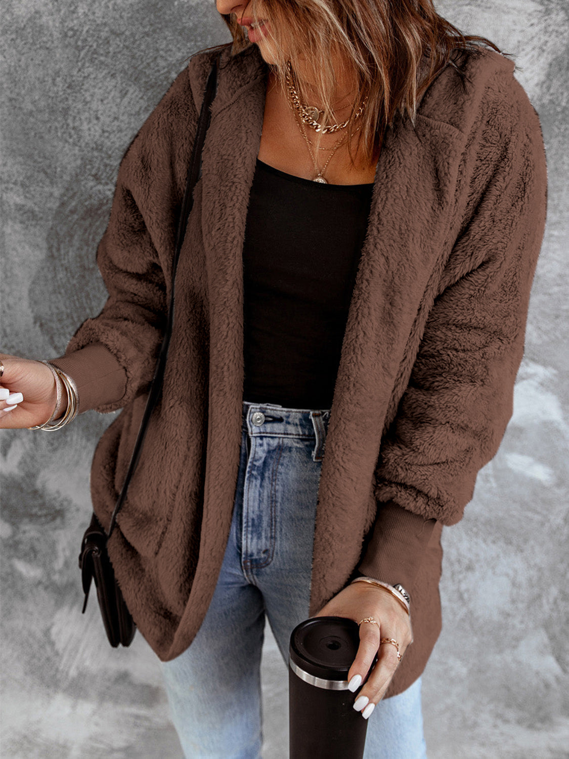 Open Front Hooded Faux Fur Outwear with Pockets - felvior
