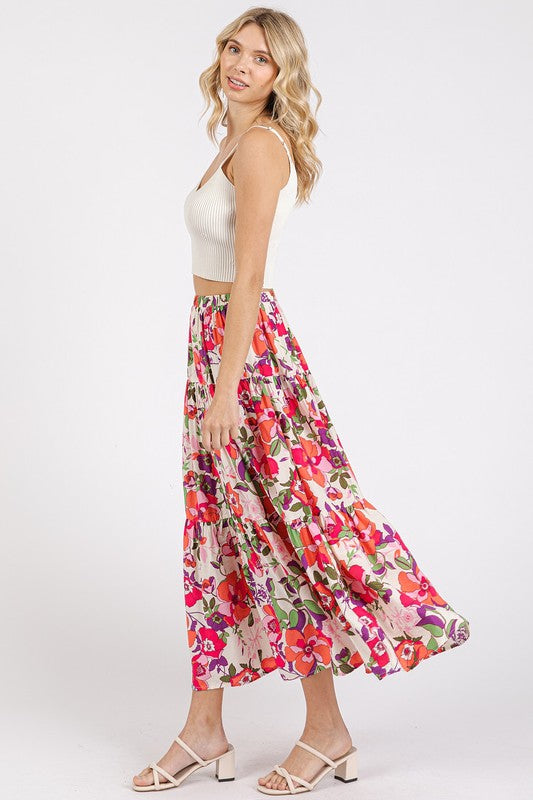 Mittoshop Flower Print Elastic Waist Tiered Skirt