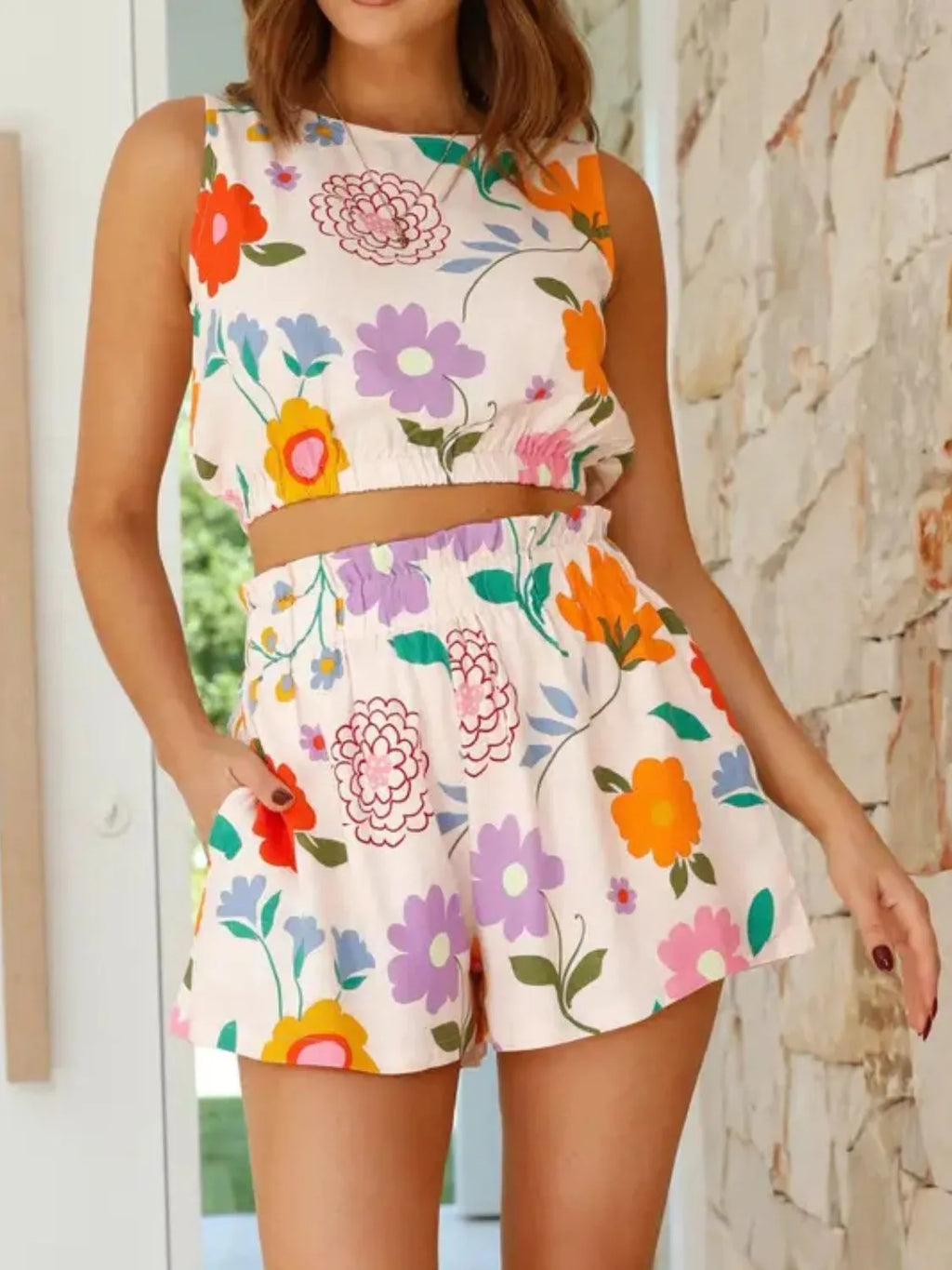 Floral Round Neck Tank and Shorts Set