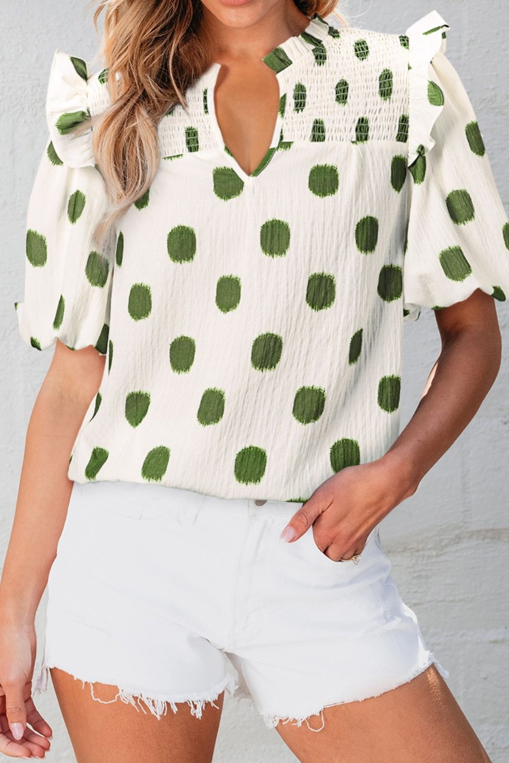 Polka Dot Shirred Yoke Notched Neck Puff Sleeve Blouse - felvior