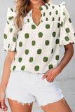 Polka Dot Shirred Yoke Notched Neck Puff Sleeve Blouse - felvior