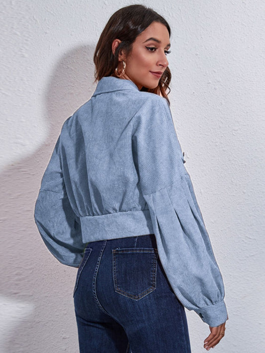 Button Down Collared Neck Cropped Jacket - felvior