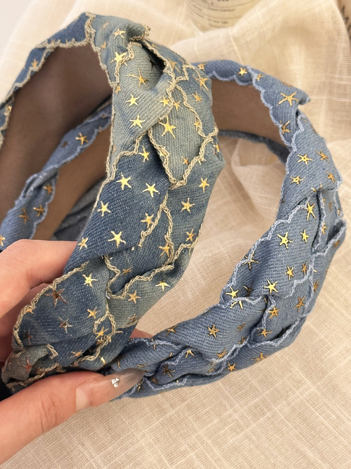 Star Braided Wide Denim Headband - felvior