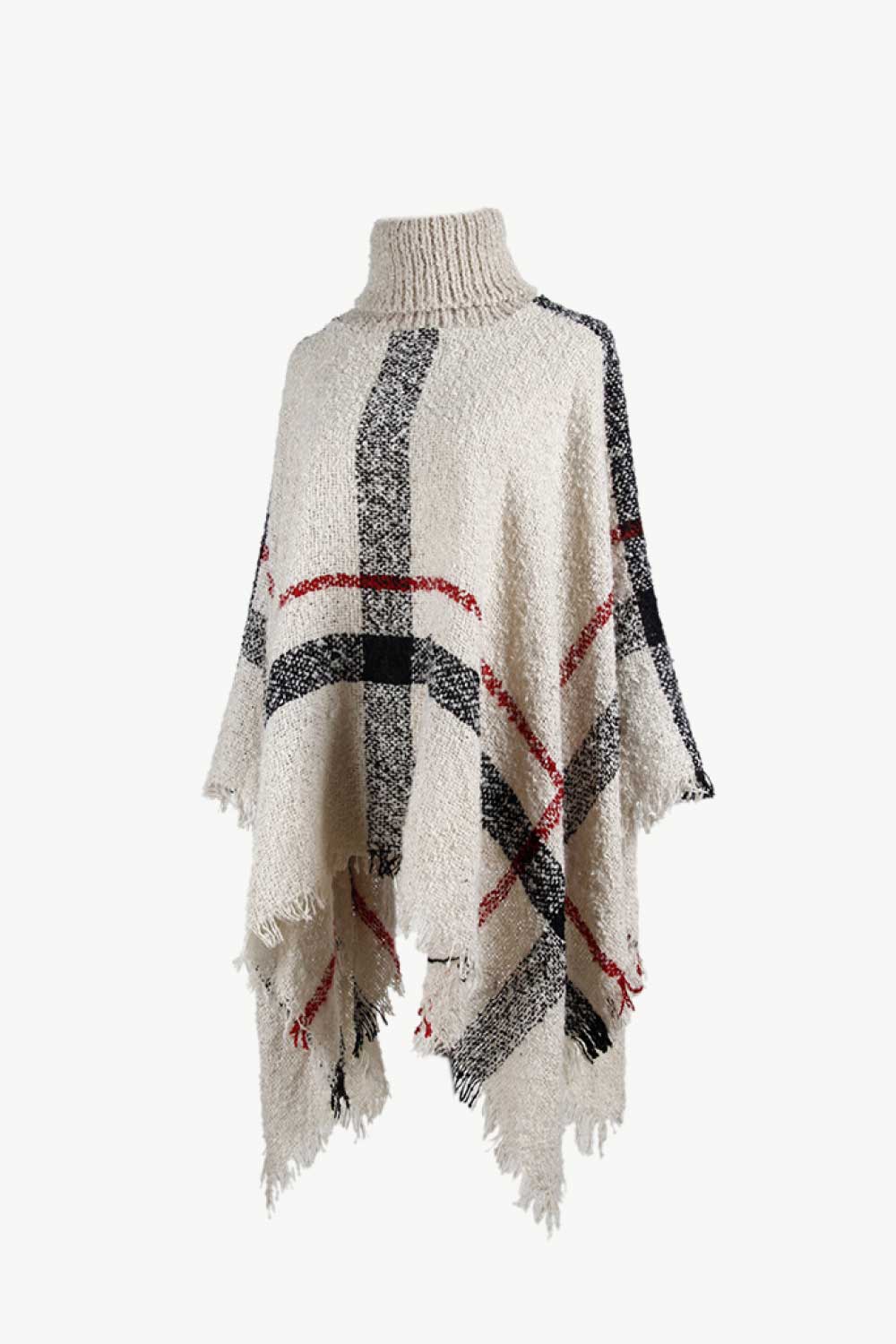 Plaid Turtleneck Raw Hem Poncho - felvior