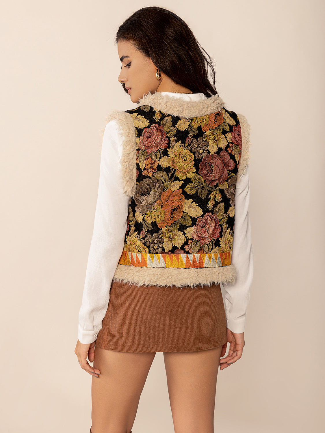 Embroidered Fuzzy Trim Open Front Vest Coat - felvior