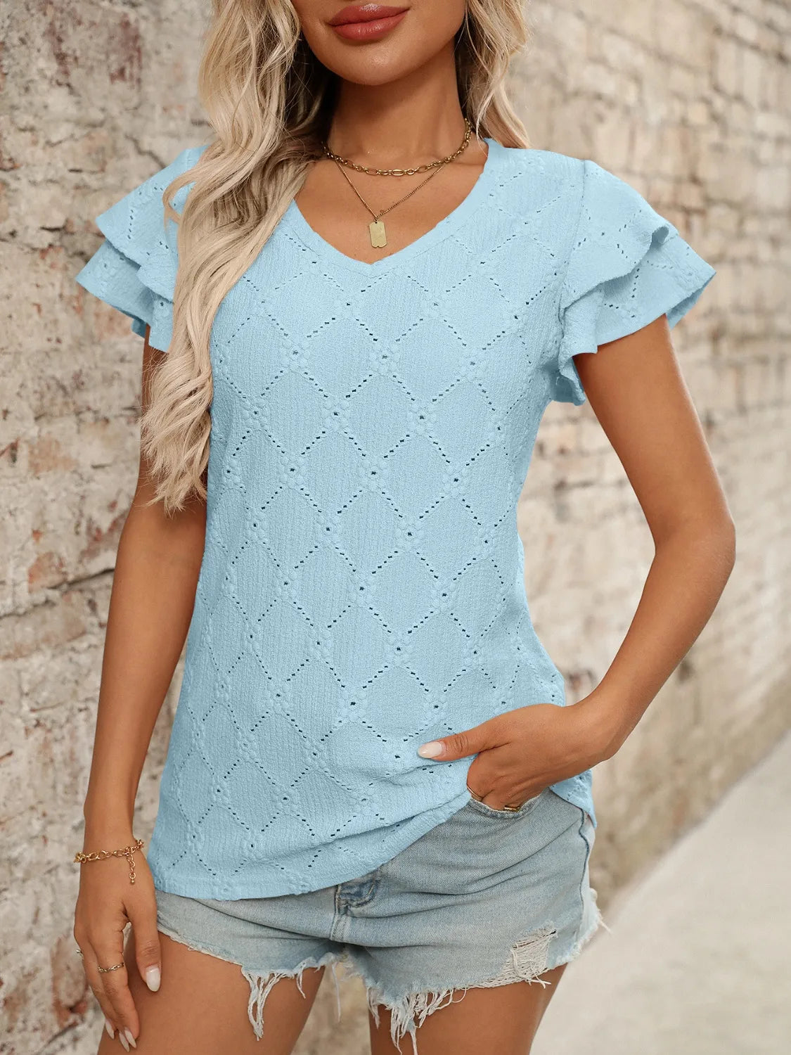 Eyelet V-Neck Ruffled Cap Sleeve Top