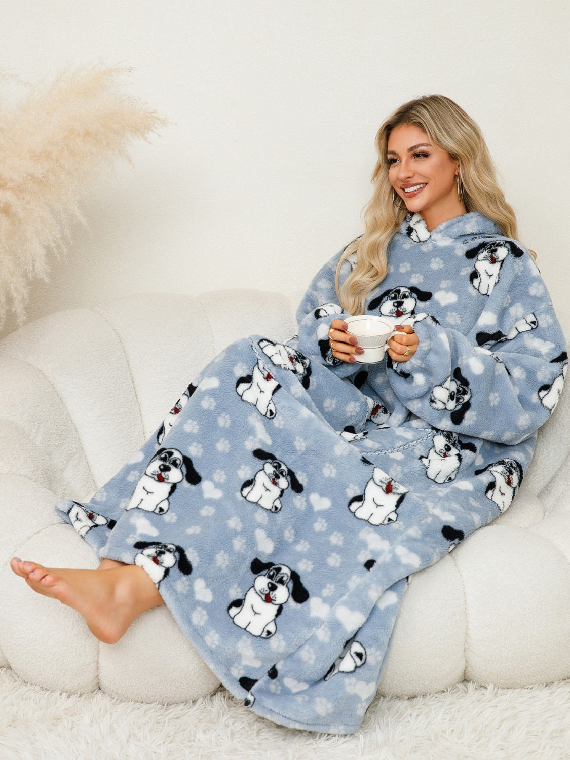 Fuzzy Pocketed Long Sleeve Hooded Lounge Dress - felvior