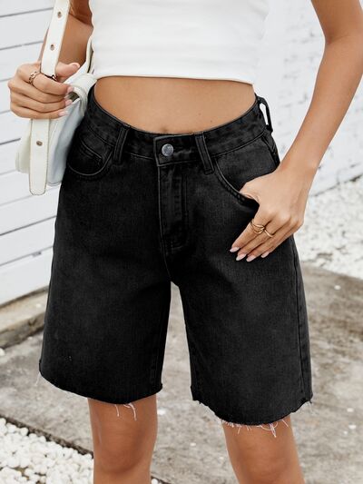 Washed Raw Hem Denim Shorts - felvior
