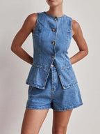 Button Down Vest and Shorts Denim Set