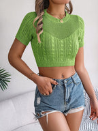 Cable Knit Openwork Round Neck Knit Top