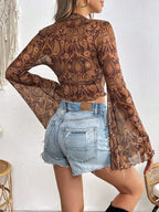 Printed Mock Neck Long Sleeve Cropped T-Shirt