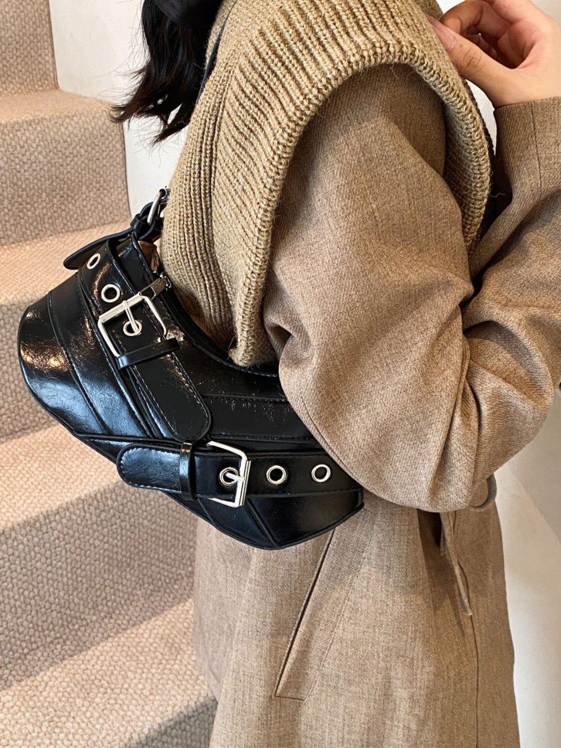 PU Leather Buckle Shoulder Bag - felvior