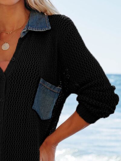 Side Slit Openwork Collared Neck Cover-Up - felvior