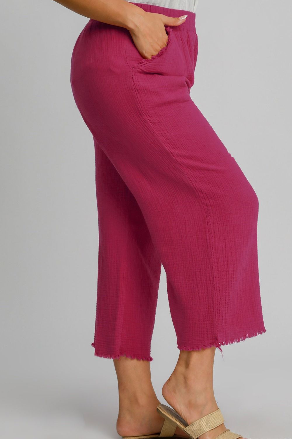 Umgee Full Size Raw Hem Elastic Waist Wide Leg Pants Plus Size Secondary image