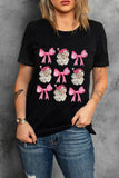 Santa & Bow Graphic Round Neck Short Sleeve T-Shirt - felvior