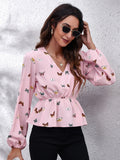 Butterfly V-Neck Balloon Sleeve Peplum Blouse - felvior