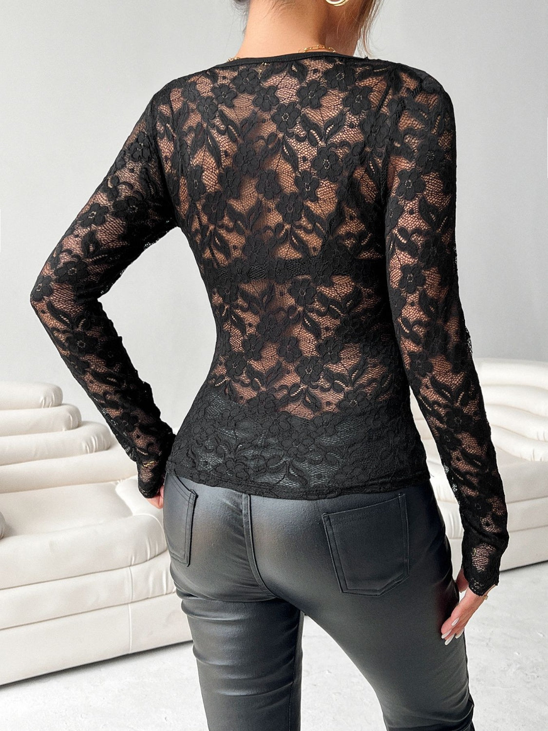 Lace V-Neck Long Sleeve Top - felvior