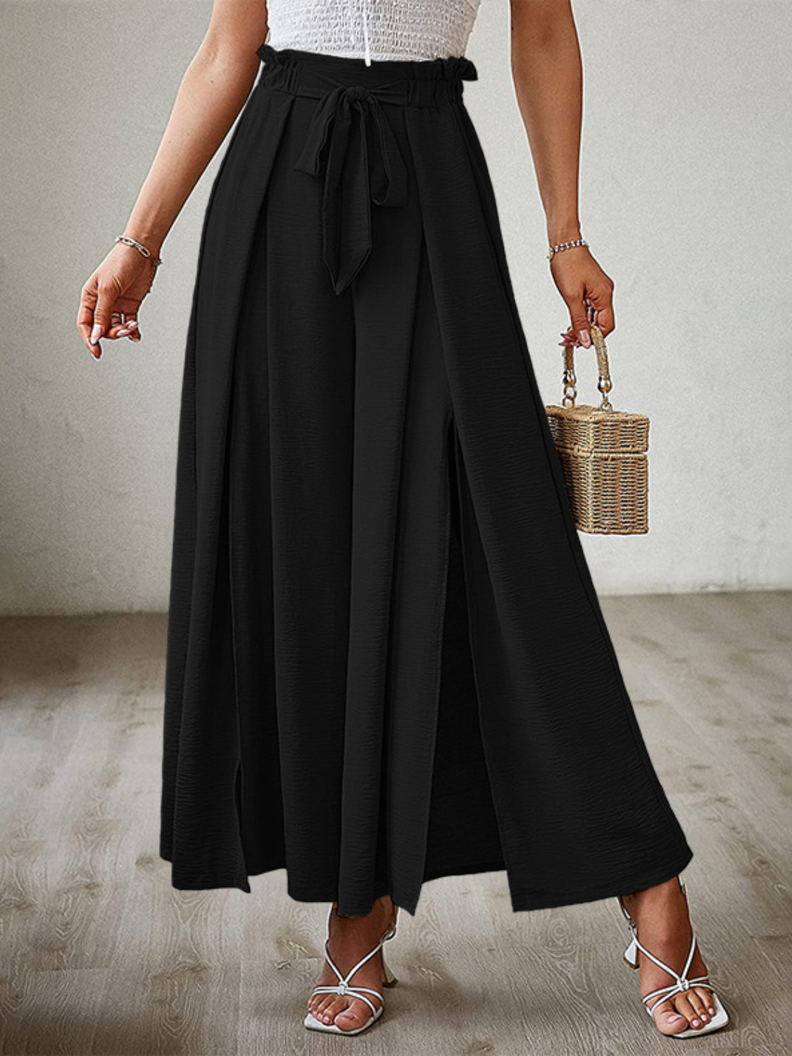 Tied Slit Wide Leg Pants
