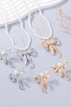 Synthetic Pearl Necklace, Bow Necklace and Bow Earrings Jewelry Set