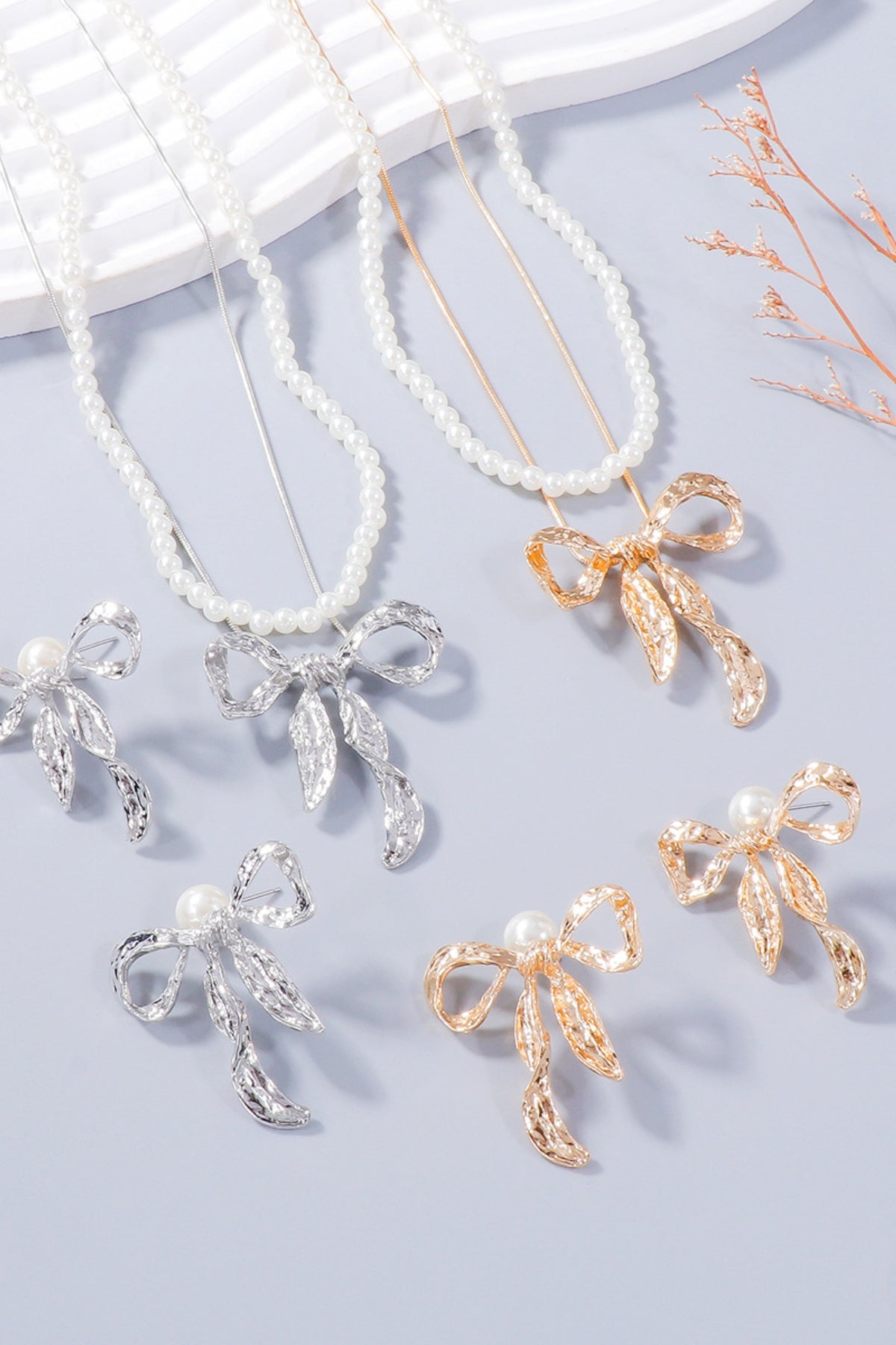 Synthetic Pearl Necklace, Bow Necklace and Bow Earrings Jewelry Set - felvior