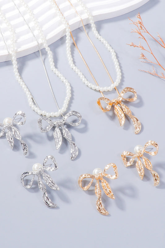 Synthetic Pearl Necklace, Bow Necklace and Bow Earrings Jewelry Set - felvior