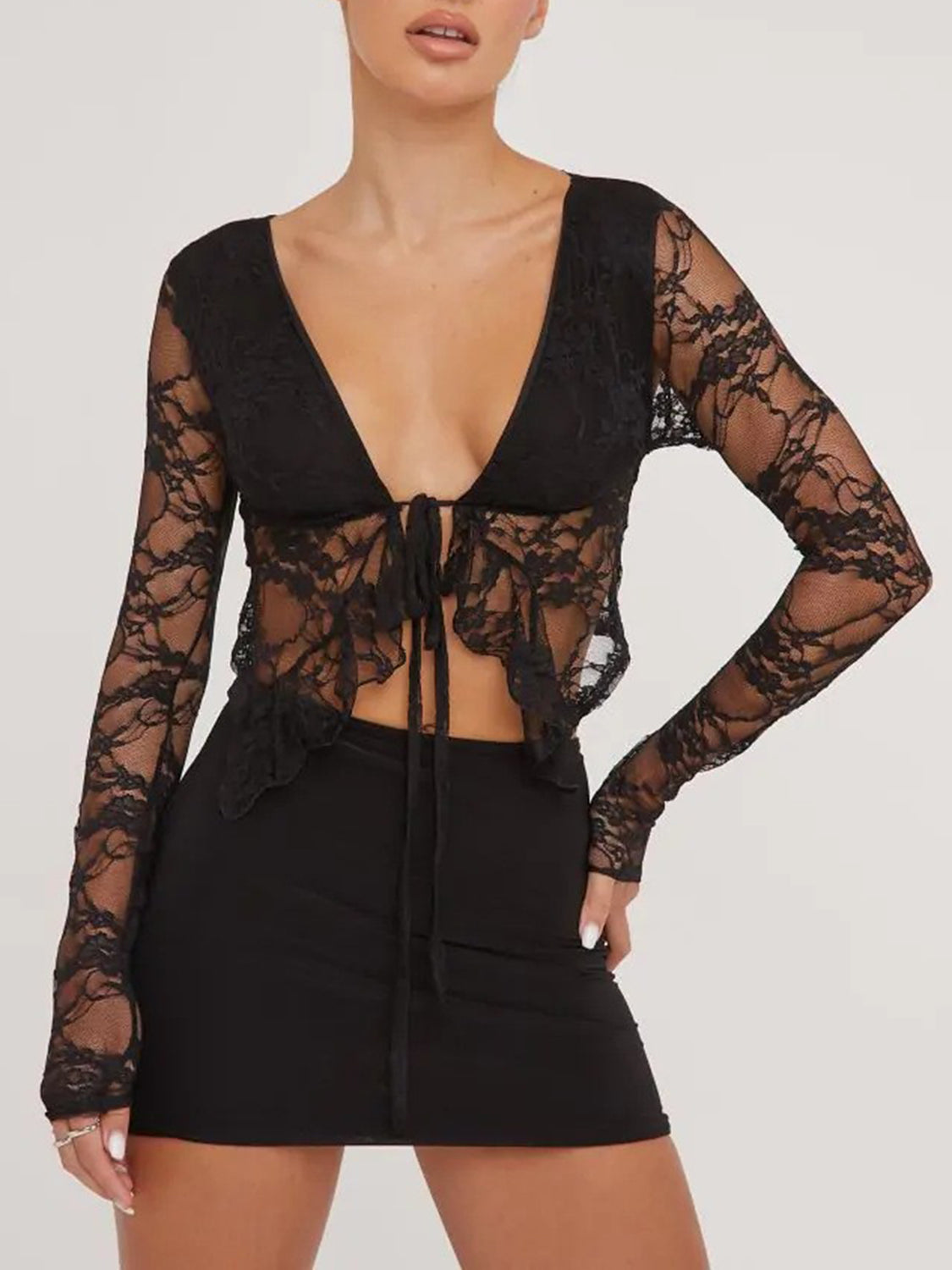 Tied Plunge Long Sleeve Lace Cropped Shirt - felvior