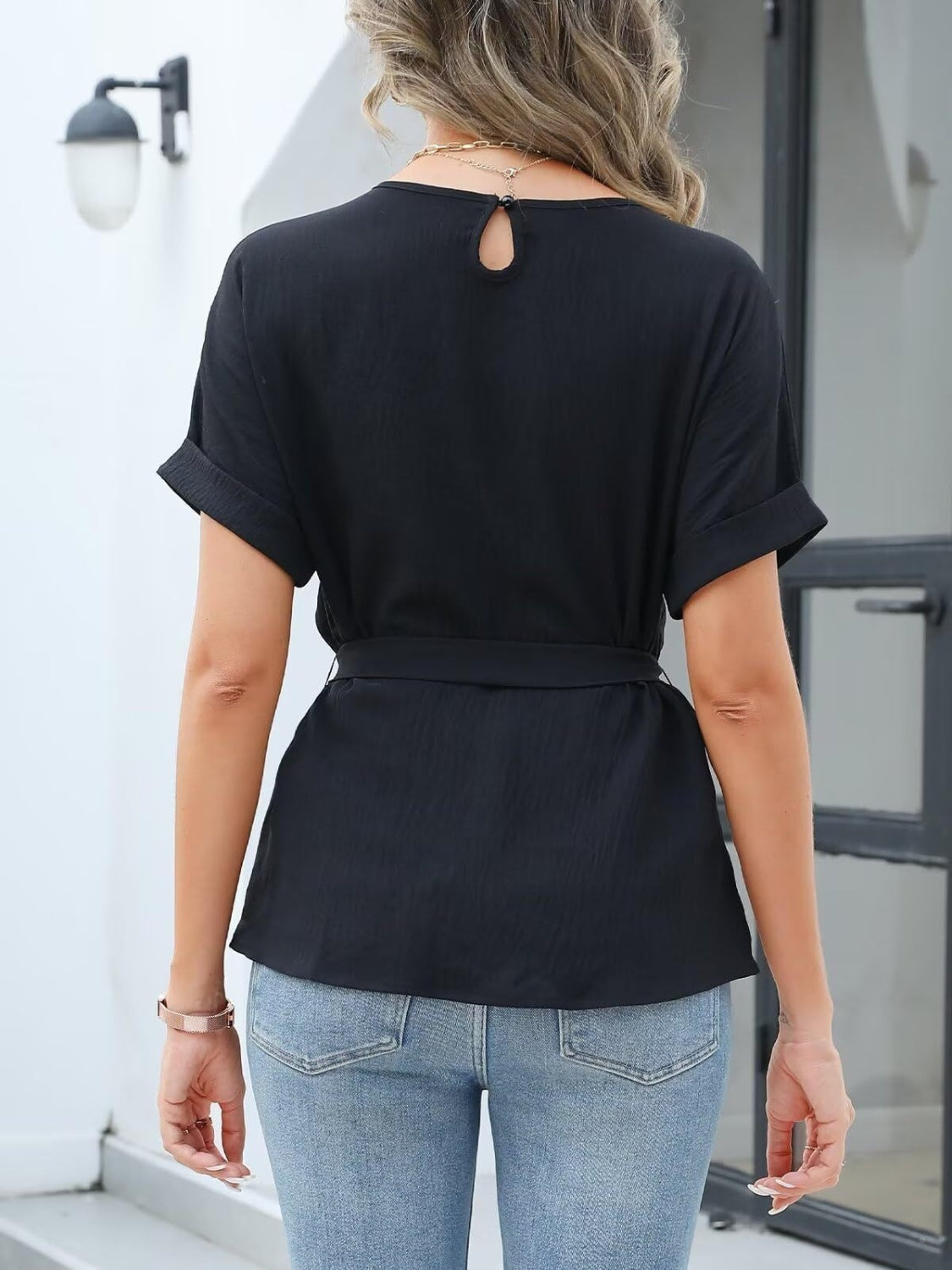 Tied Pleated Round Neck Short Sleeve Top - felvior