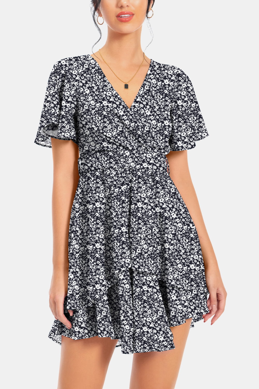 Surplice Neck Flutter Sleeve Dress - felvior