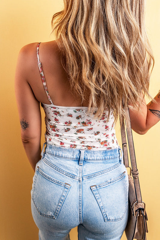 Floral Frilled Trim Spaghetti Straps Bodysuit - felvior