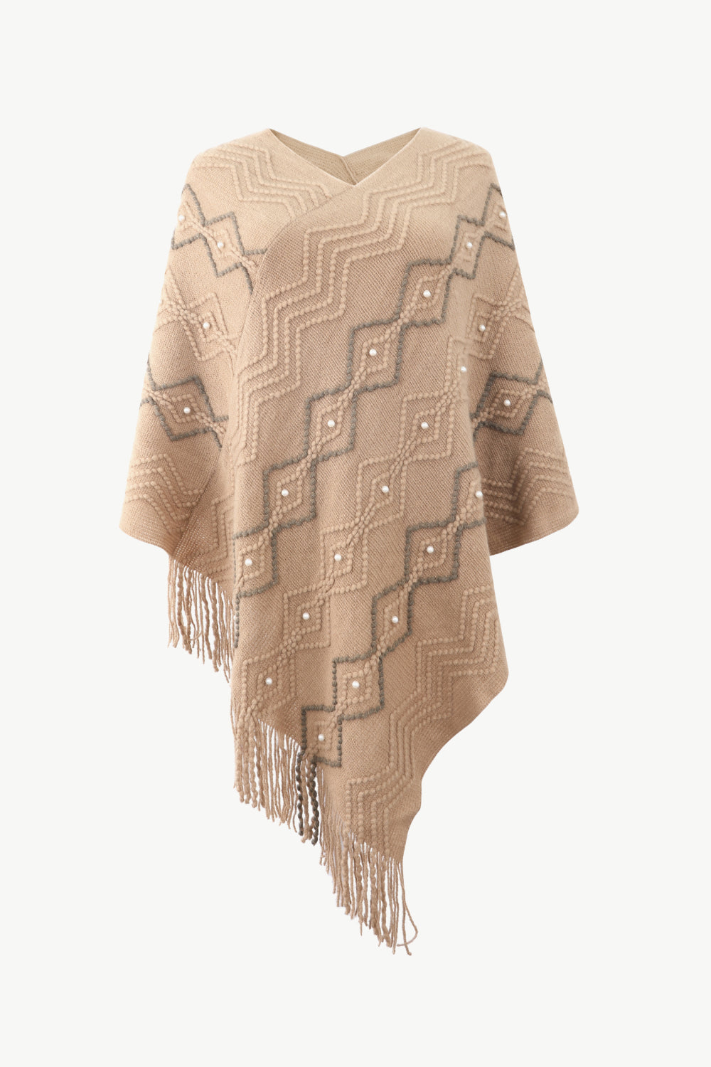 Pearl Trim V-Neck Fringe Hem Poncho - felvior