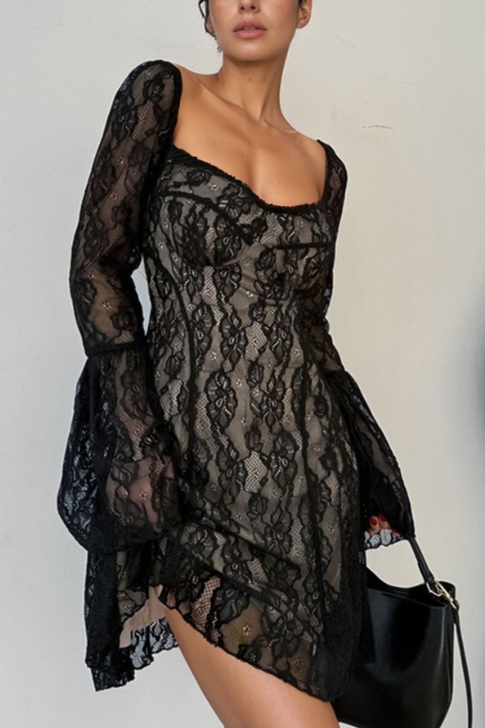 Lace Sweetheart Neck Flare Sleeve Mini Dress - felvior