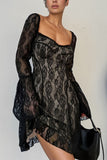 Lace Sweetheart Neck Flare Sleeve Mini Dress - felvior