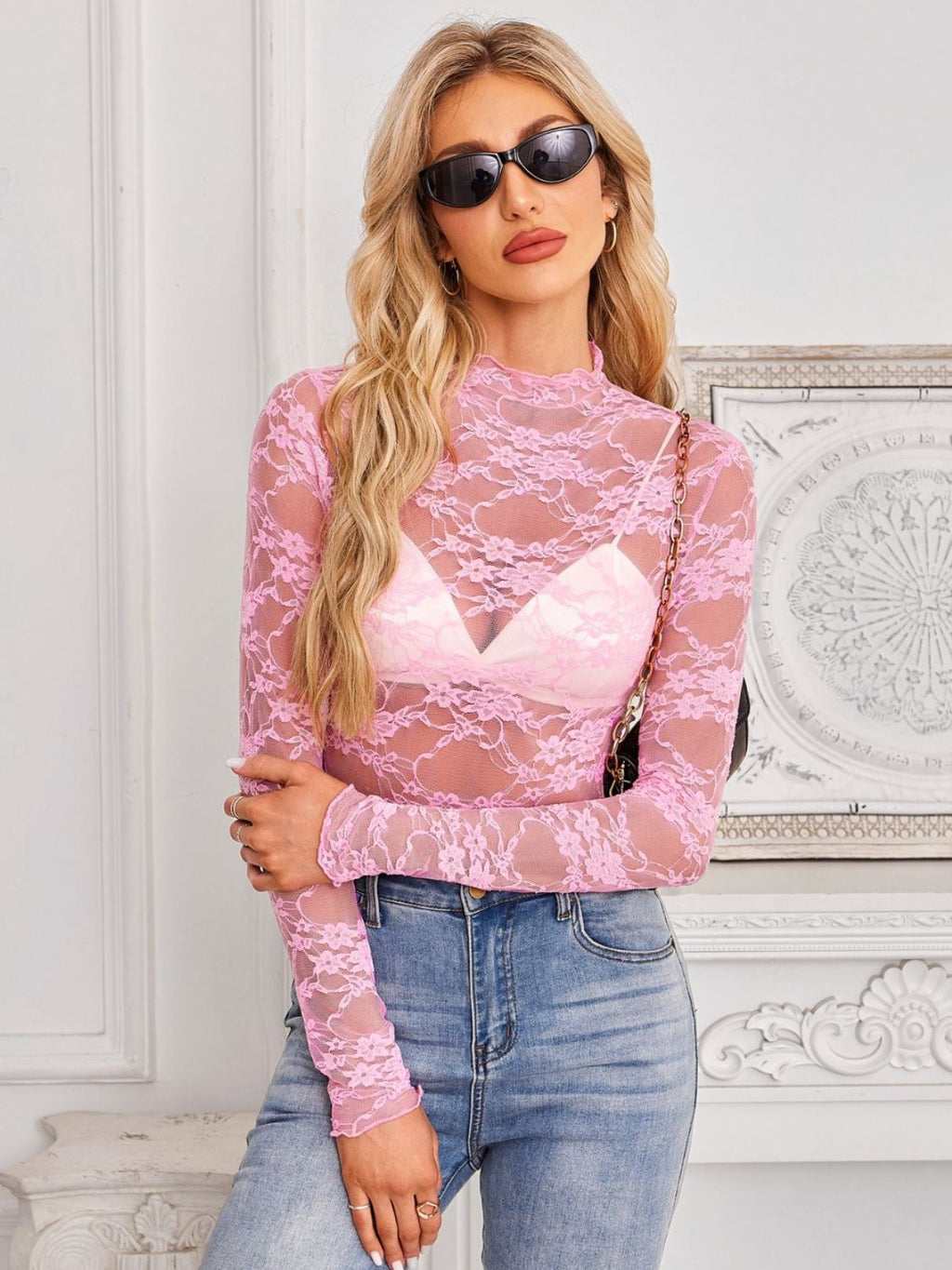 Mock Neck Long Sleeve Lace Sheer Top