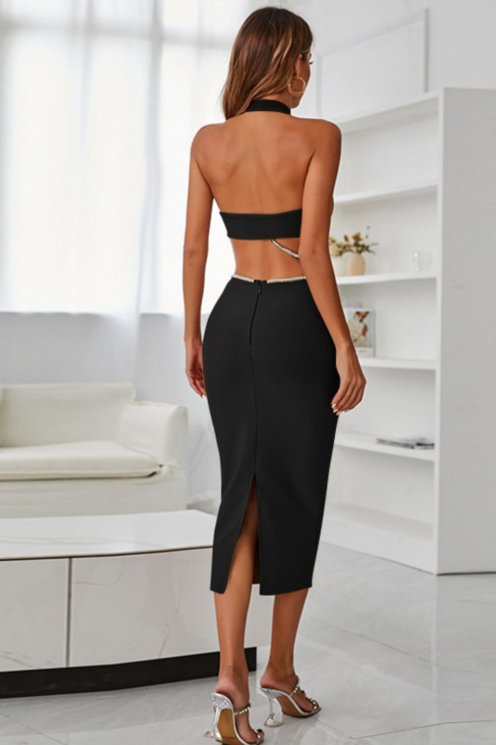 Rhinestone Halter Neck Cutout Slit Midi Dress - felvior