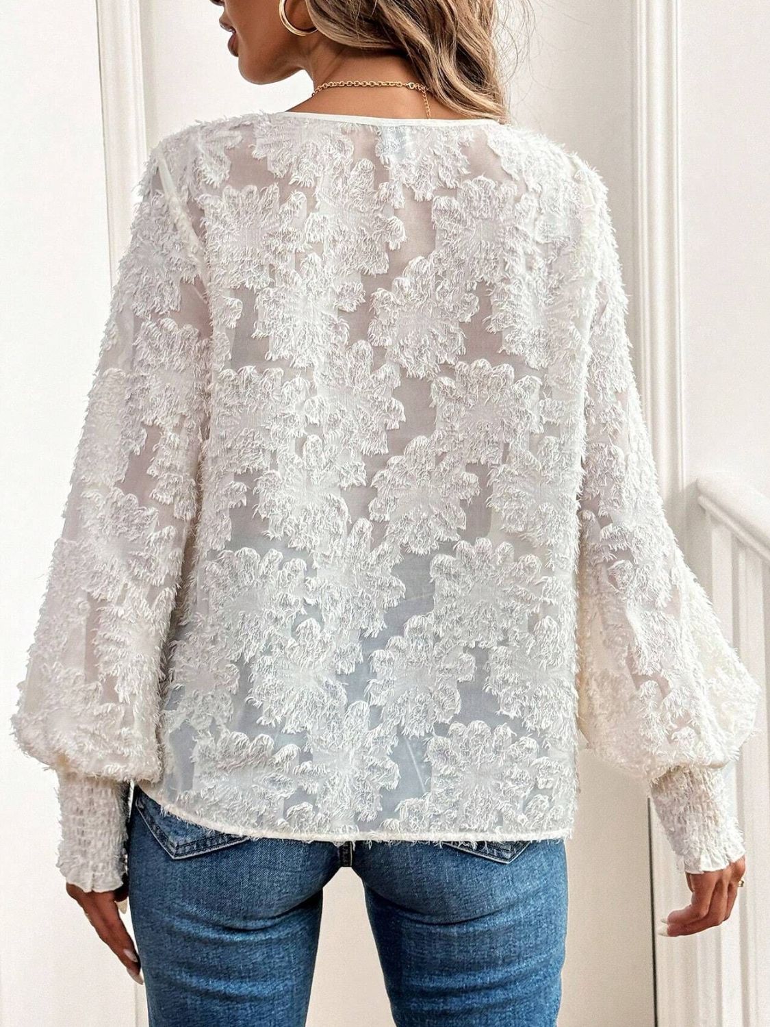 V-Neck Lantern Sleeve Blouse - felvior