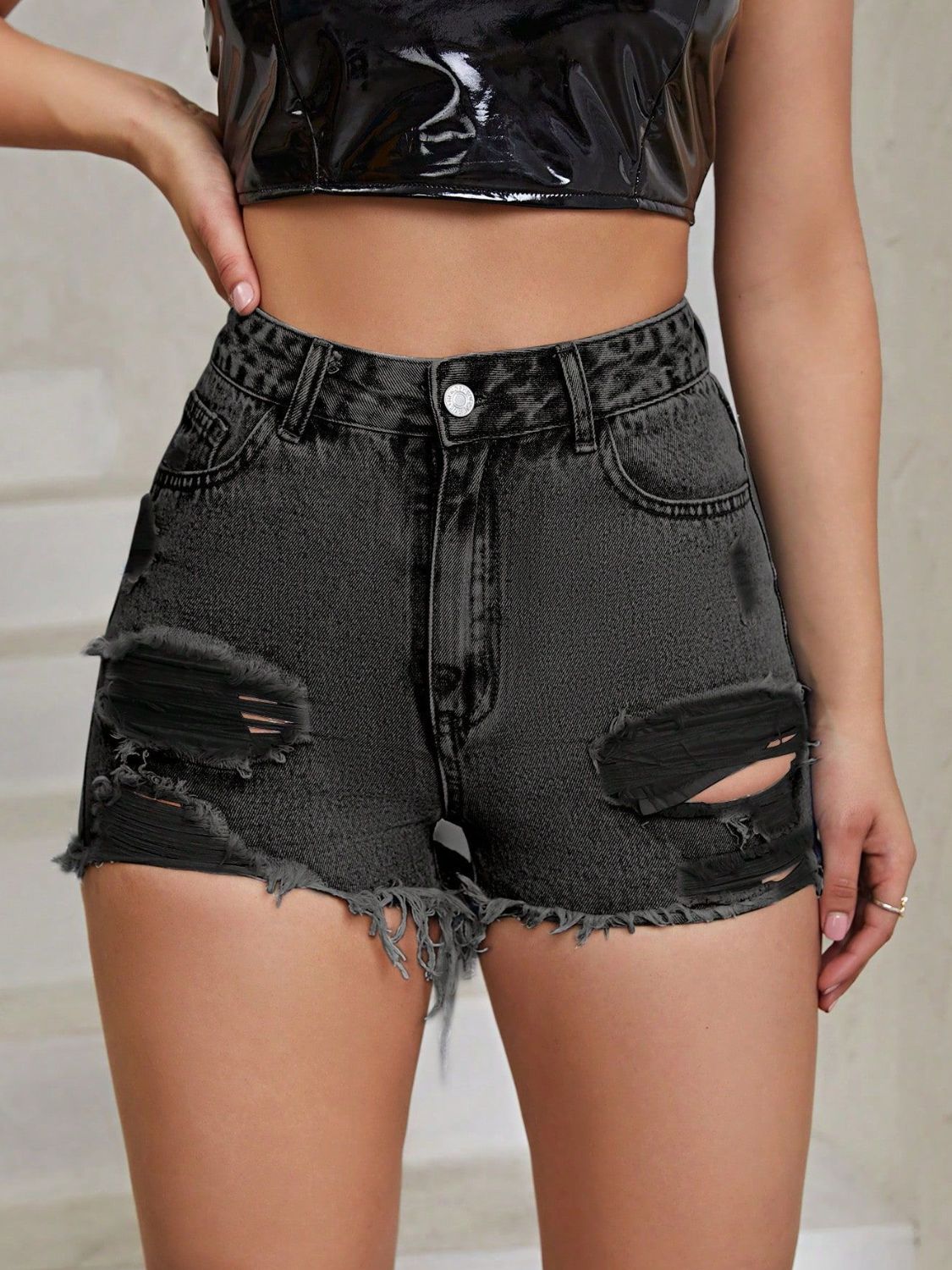 Distressed Raw Hem High Rise Denim Shorts - felvior