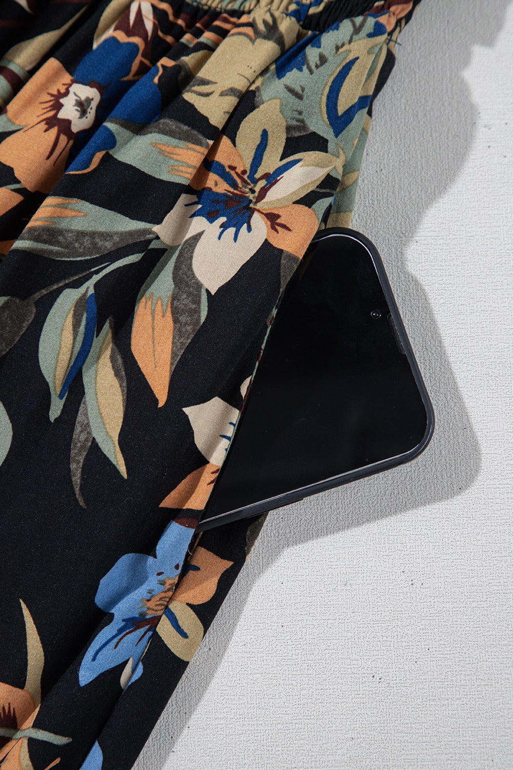 Floral Shirred High Waist Wide Leg Pants with Tie