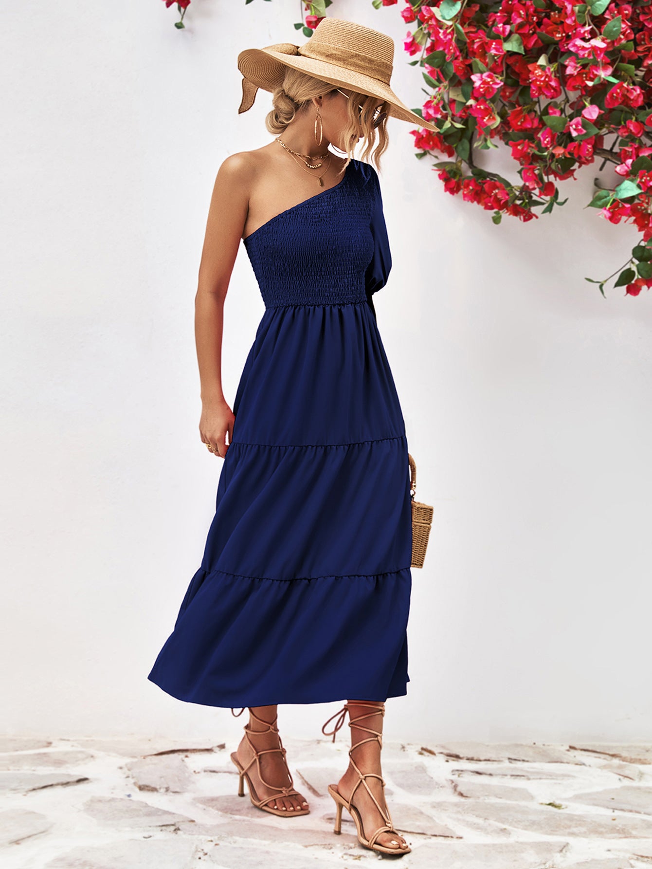 Smocked One-Shoulder Midi Dress - felvior
