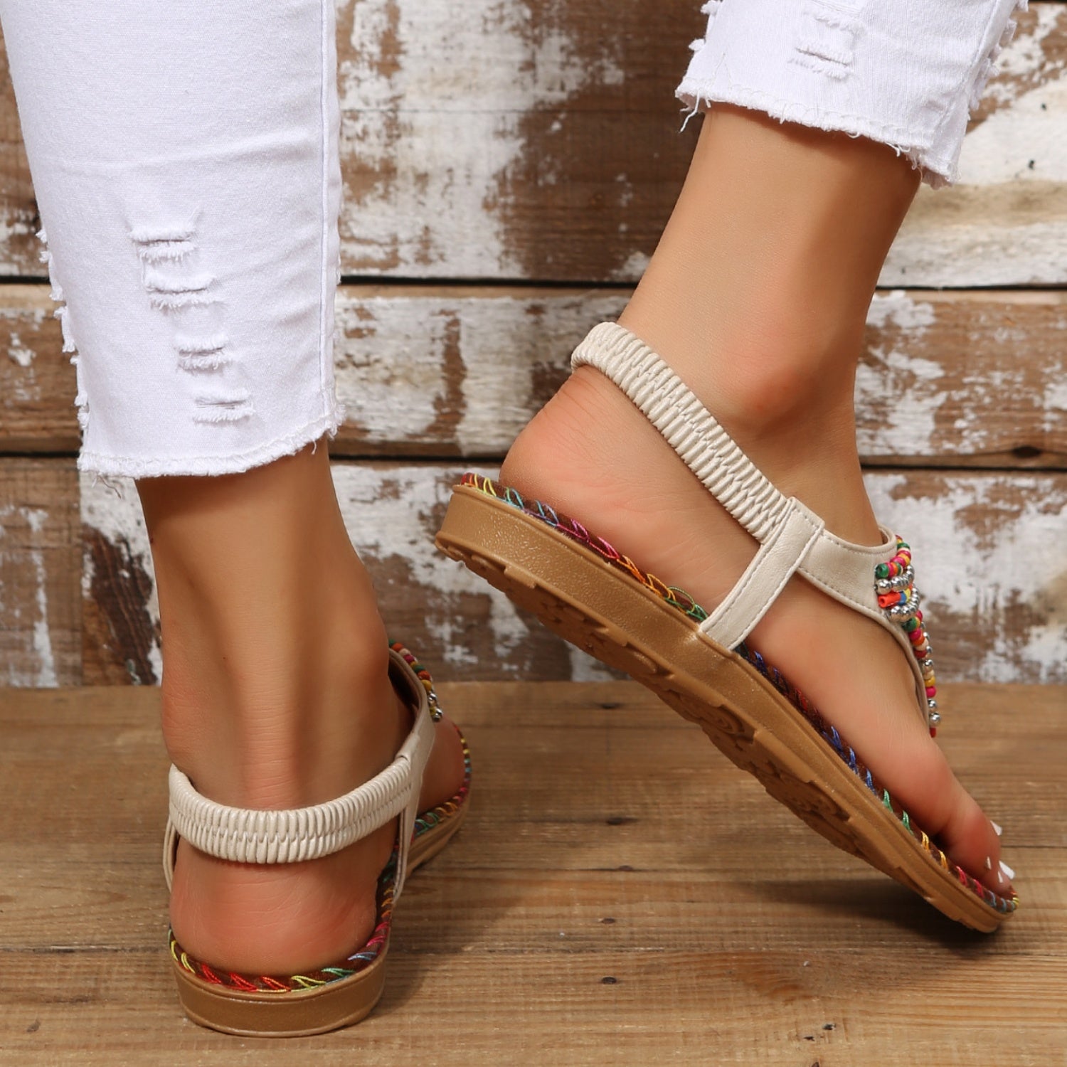 Beaded PU Leather Open Toe Sandals - felvior