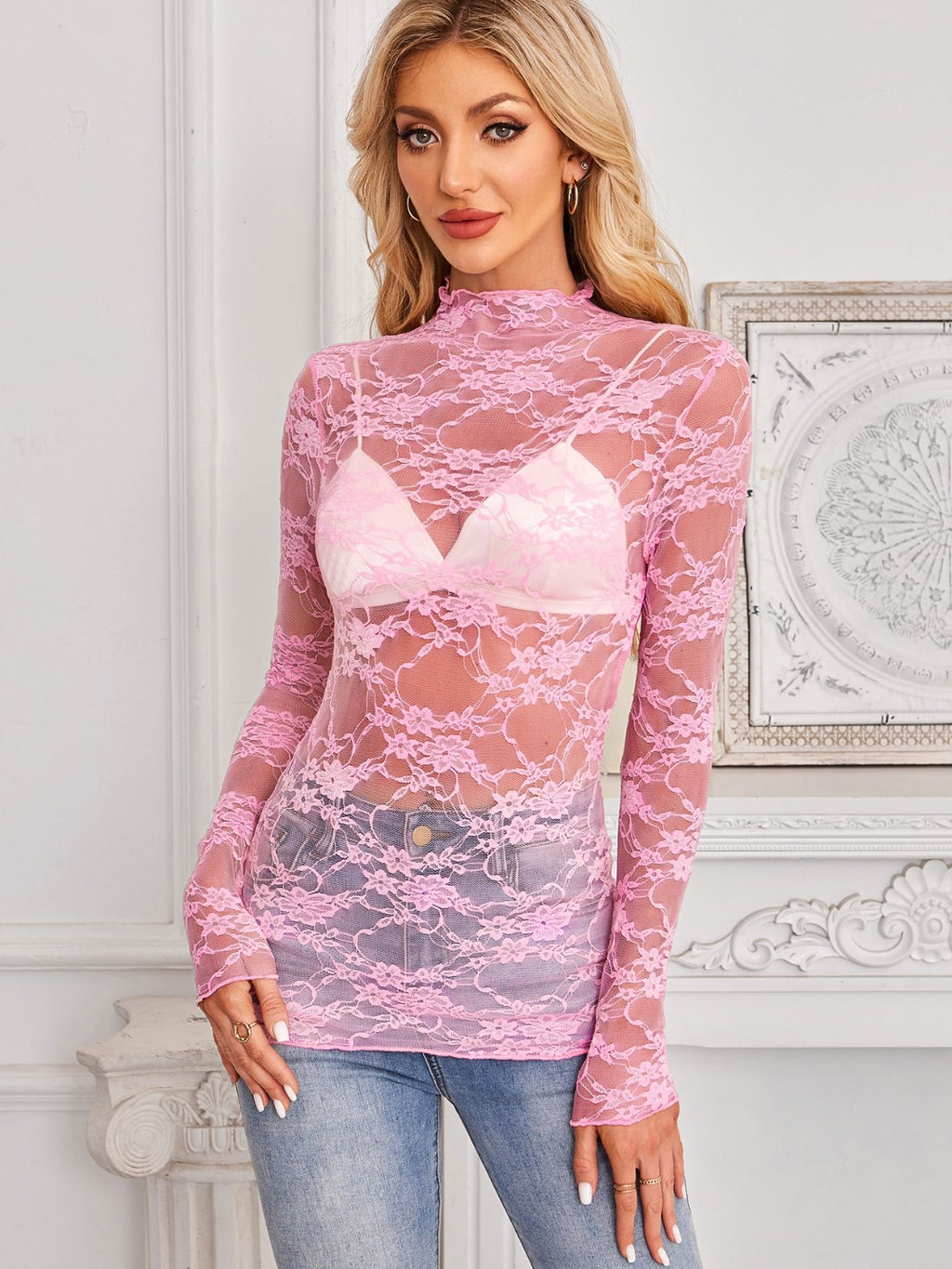 Mock Neck Long Sleeve Lace Sheer Top